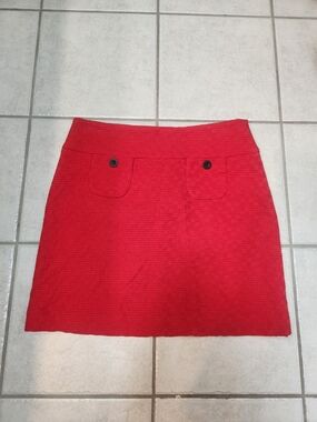 Textured Red Mini Skirt with Front Button-Flap Details